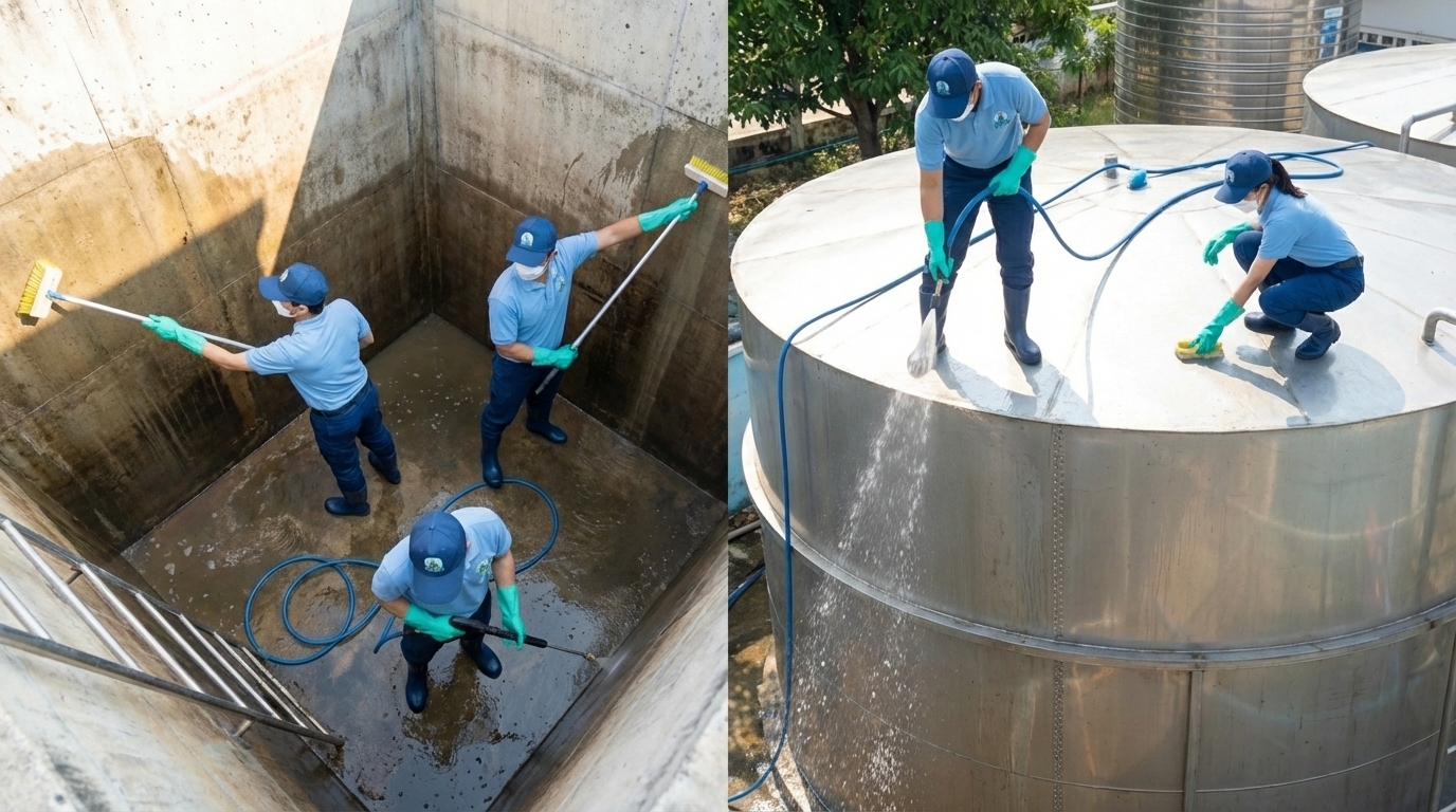 ทีมงานล้างถังน้ำใต้ดินคอนโด - รับล้างถังโครงการใหญ่
