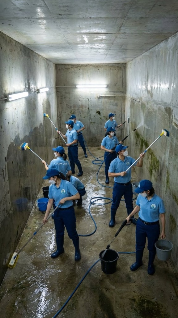 ทีมงานล้างถังน้ำใต้ดินคอนโด - รับล้างถังโครงการใหญ่
