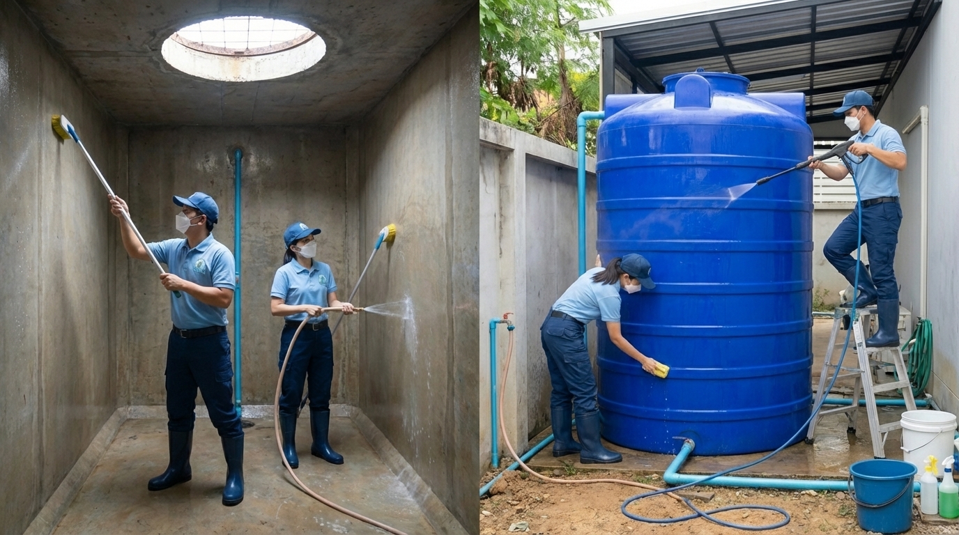 ทีมงานล้างถังน้ำโรงงาน - ถังสแตนเลสขนาดใหญ่