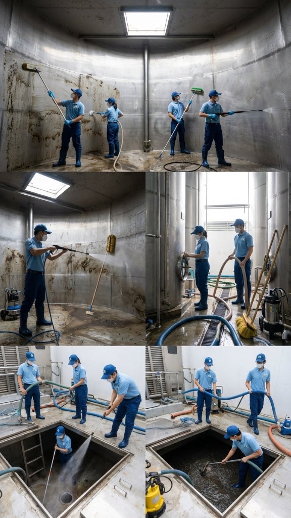 ทีมงานล้างถังน้ำโรงงาน - ถังสแตนเลสขนาดใหญ่