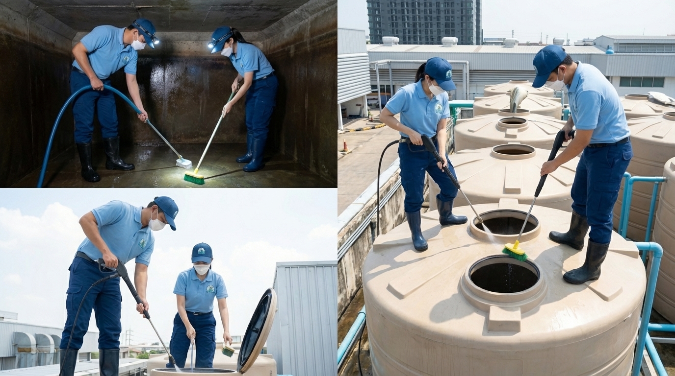 ทีมงานล้างถังบนดาดฟ้าคอนโด