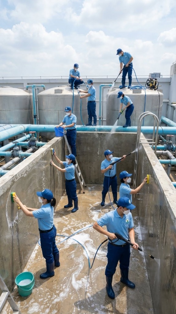 ทีมงานมืออาชีพล้างถังน้ำโครงการใหญ่
